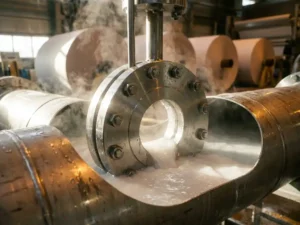 Edelstahl-Blendenmessscheibe in Industrierohr mit fließender Papierschlämme und Dampfschwaden in einer Papierfabrik.