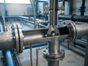 Präzisions-Blendenmessscheibe in einem Edelstahl-Industrierohr mit Druckanzapfungen und Flanschen in einer Fabrikumgebung.