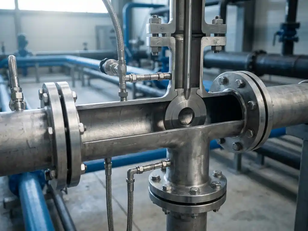 Präzisions-Blendenmessscheibe in einem Edelstahl-Industrierohr mit Druckanzapfungen und Flanschen in einer Fabrikumgebung.