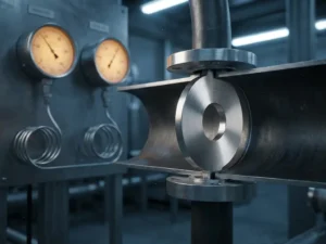 Polierte Edelstahl-Blende in einem Industrierohr, Differenzdruckmessgeräte und Rohrleitungen im Hintergrund einer Prozessanlage.