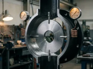 Edelstahl-Blende in Industrierohrquerschnitt mit Differenzdruckmessgeräten, Kondensationstropfen auf poliertem Metall, Nahaufnahme.