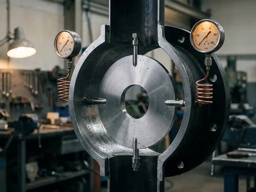 Edelstahl-Blende in Industrierohrquerschnitt mit Differenzdruckmessgeräten, Kondensationstropfen auf poliertem Metall, Nahaufnahme.