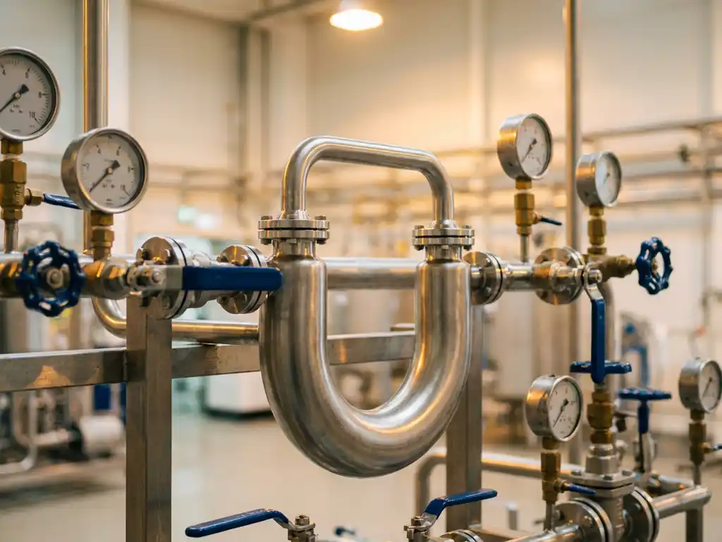 Coriolis-Durchflussmesser aus Edelstahl mit geschwungenen Doppelrohren, montiert an einem Industrierohrsystem mit Ventilen und Druckmessgeräten.