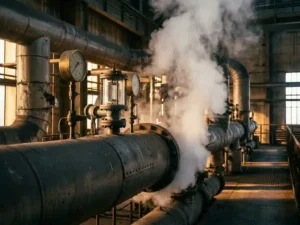 Industrielles Dampfrohr mit Differenzdruckmessgerät und Manometern, weißer Dampf entweicht aus Flanschverbindung in Fabrikhalle.