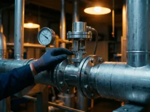 Techniker in Schutzhandschuhen prüft Differenzdruck-Durchflussmesser in Industrierohrleitung mit Manometer im Hintergrund.