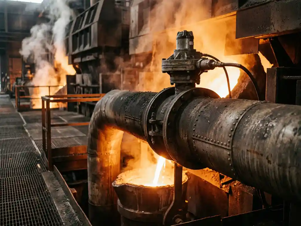 Differenzdruckmessgerät an Industrierohr in einem Stahlwerk, umgeben von glühendem Schmelzstahl und orangefarbenem Hitzeschimmer.