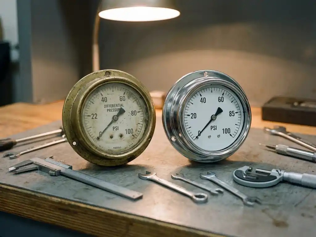 Abgenutztes Messing-Differenzdruckmessgerät neben neuem Chrom-Manometer auf Industriearbeitsplatz mit Präzisionswerkzeugen