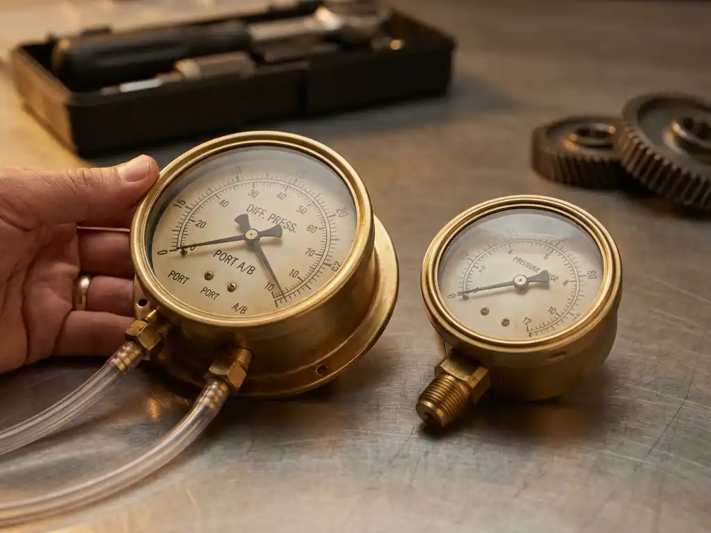 Präzisions-Differenzdruckmessgerät mit transparenten Schläuchen neben herkömmlichem Druckmesser auf Industriearbeitsplatz