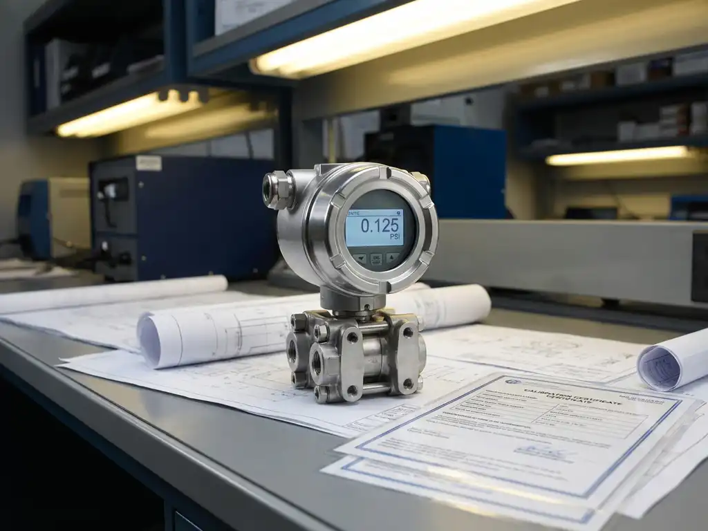 Präzisions-Differenzdruckmessgerät aus Edelstahl mit Digitalanzeige auf Industriearbeitsplatz mit technischen Zeichnungen