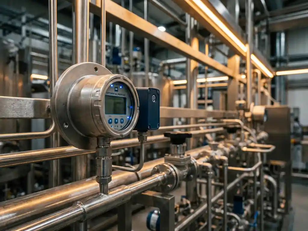 Präzisions-Differenzdruckmessgerät mit drahtlosem Antennenmodul an Industrierohrleitungen in moderner Fertigungsanlage