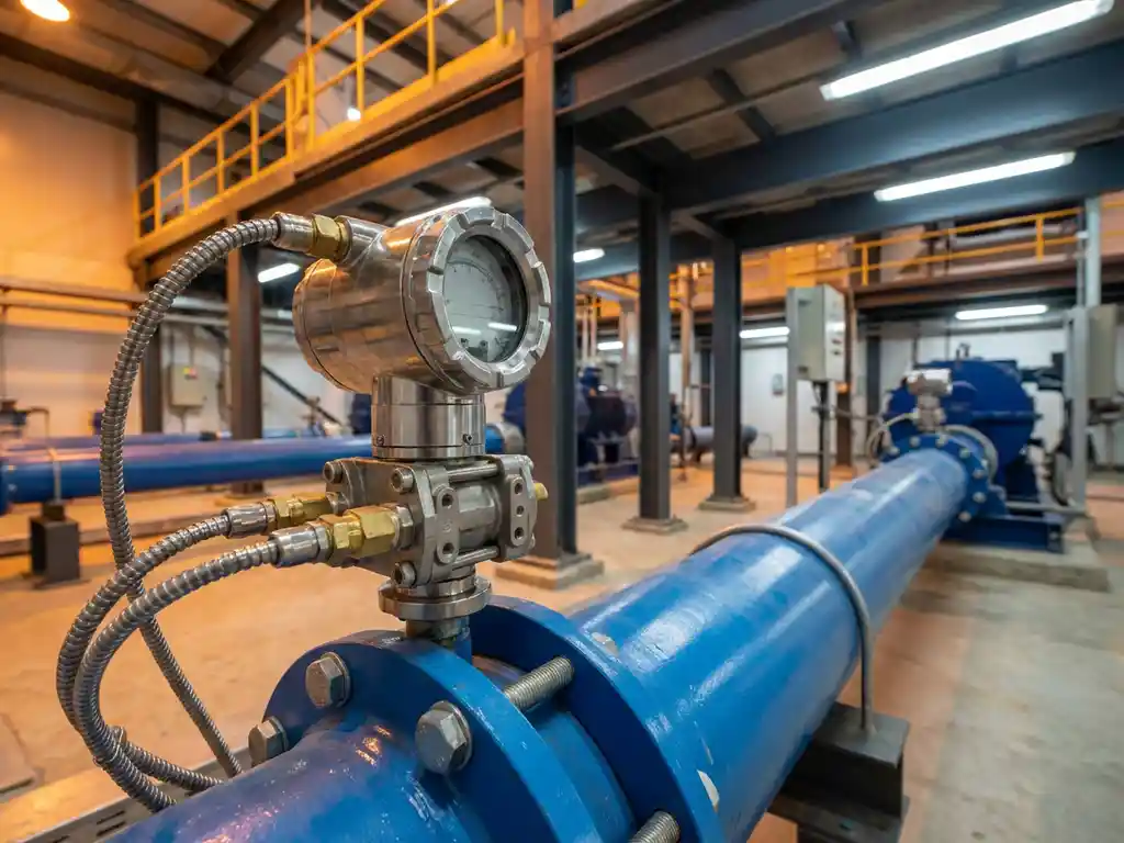 Differenzdruckmessgerät aus Edelstahl an großer Industrierohrleitung montiert in moderner Produktionsanlage