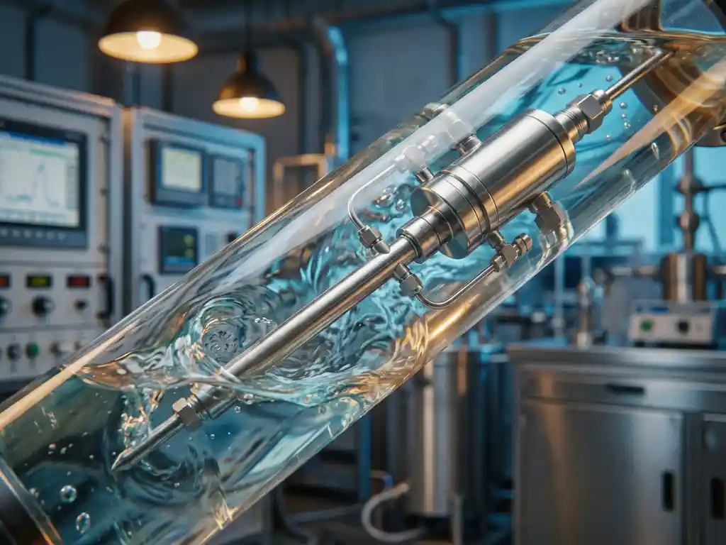 Präzisions-Differenzdruckmessgerät aus Edelstahl in Glasrohr mit wirbelnden Fluidströmungsmustern um Sensorsonde