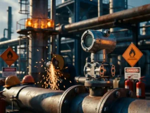 Explosionsgeschütztes Differenzdruckmessgerät aus Edelstahl an Industrierohrleitung in petrochemischer Anlage