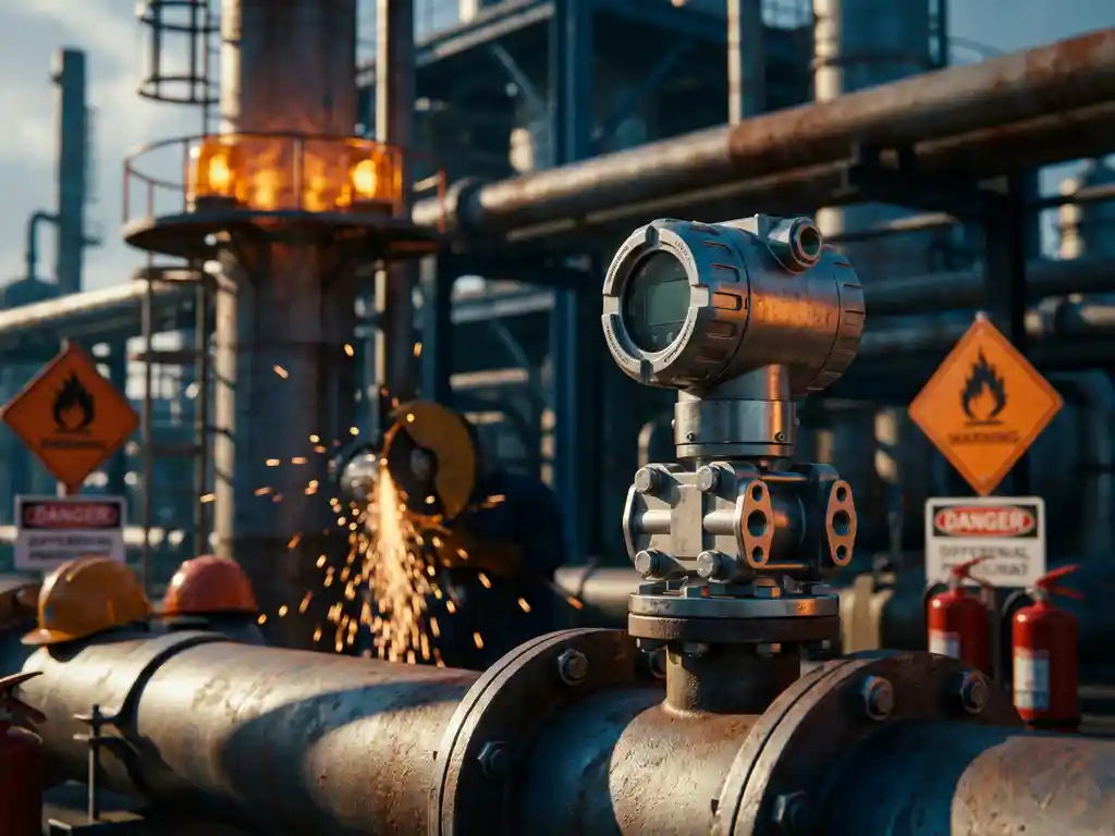 Explosionsgeschütztes Differenzdruckmessgerät aus Edelstahl an Industrierohrleitung in petrochemischer Anlage