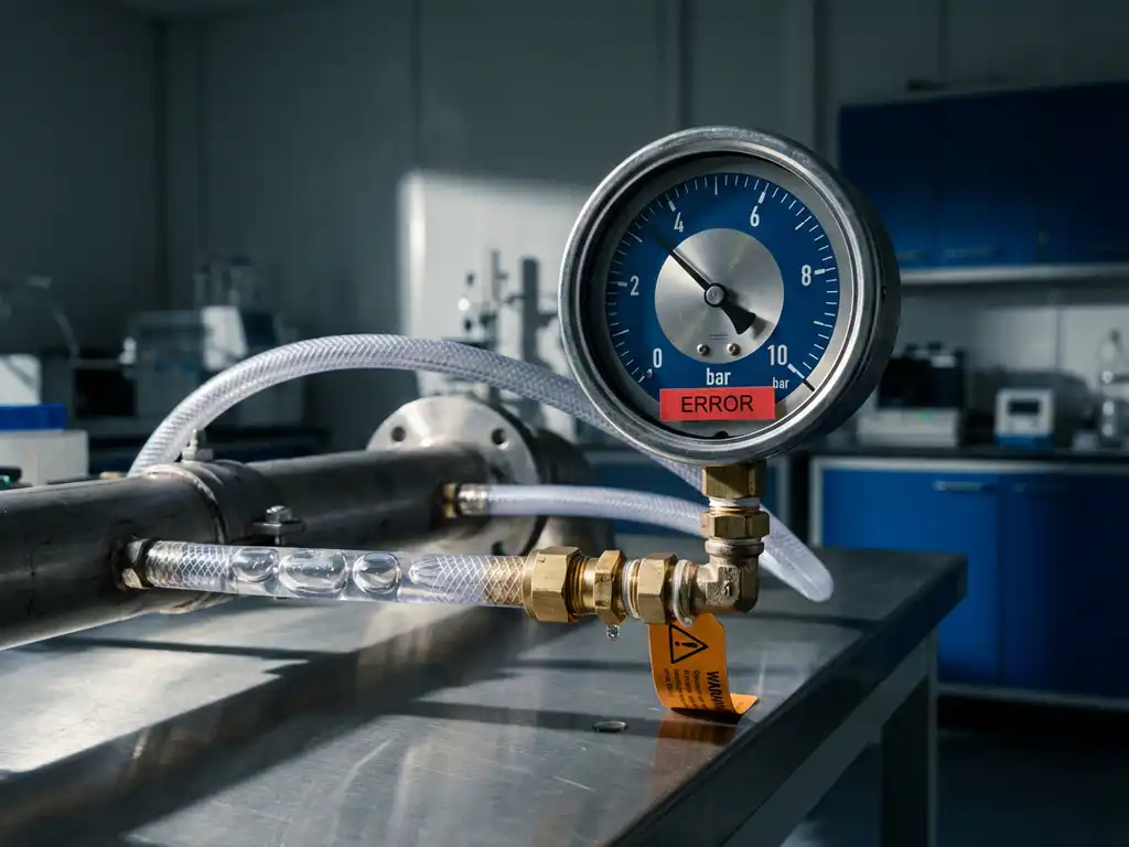 Präzisions-Differenzdruckmessgerät mit analoger Anzeige und fehlerhaften Messwerten in technischem Labor