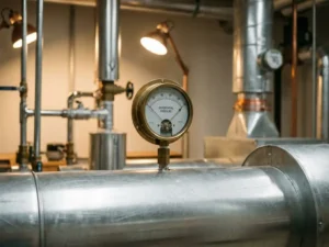 Präzisions-Differenzdruckmessgerät mit analogem Zifferblatt und Messingverschraubungen an moderner HLK-Luftleitung montiert