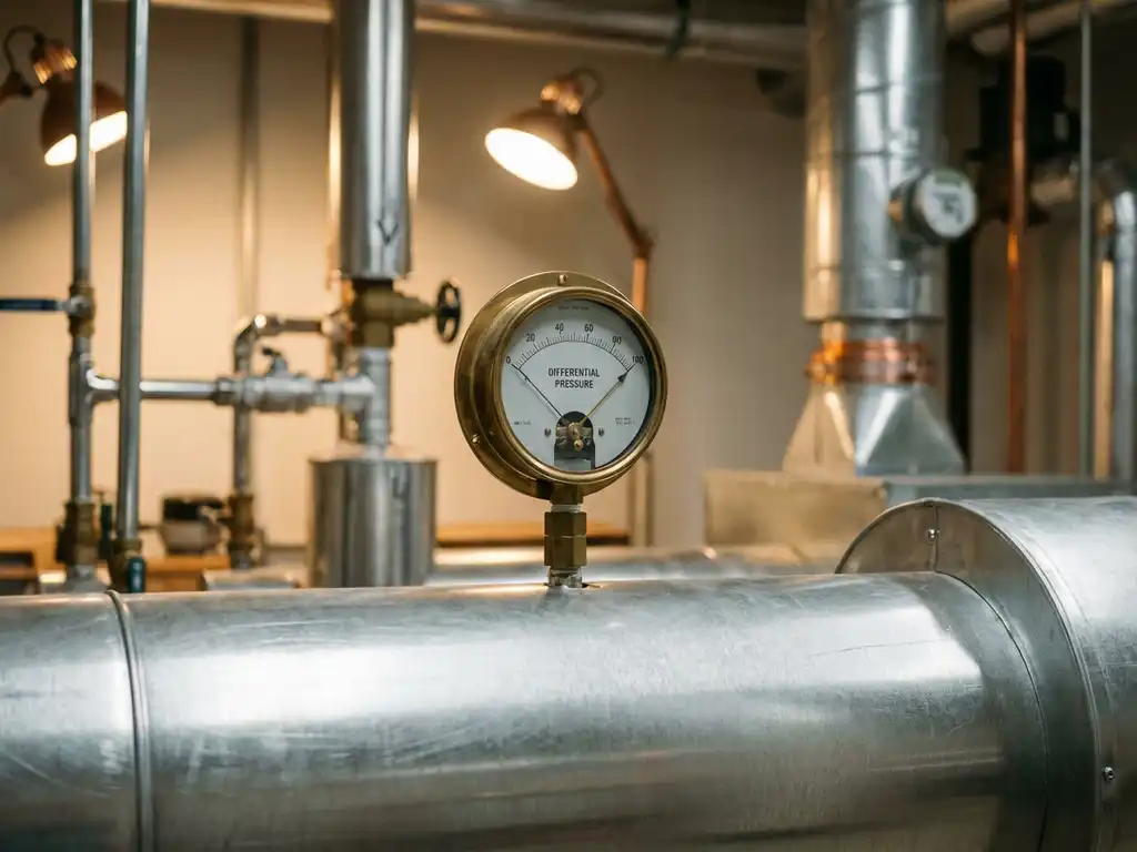 Präzisions-Differenzdruckmessgerät mit analogem Zifferblatt und Messingverschraubungen an moderner HLK-Luftleitung montiert