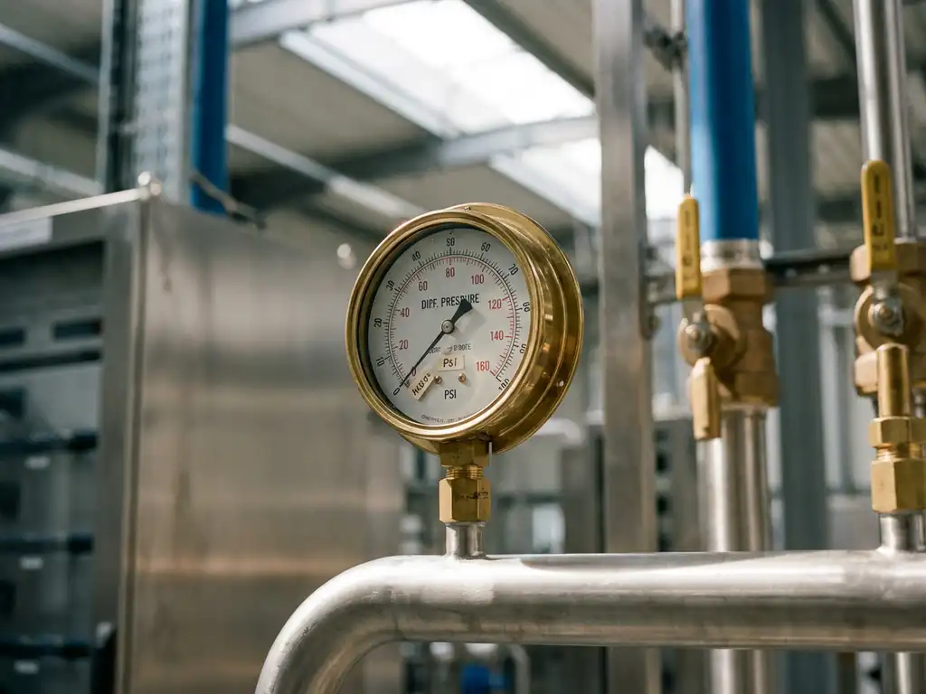 Präzisions-Differenzdruckmessgerät mit Messingbeschlägen und analogem Zifferblatt an poliertem Stahlrohr in moderner Industrieanlage