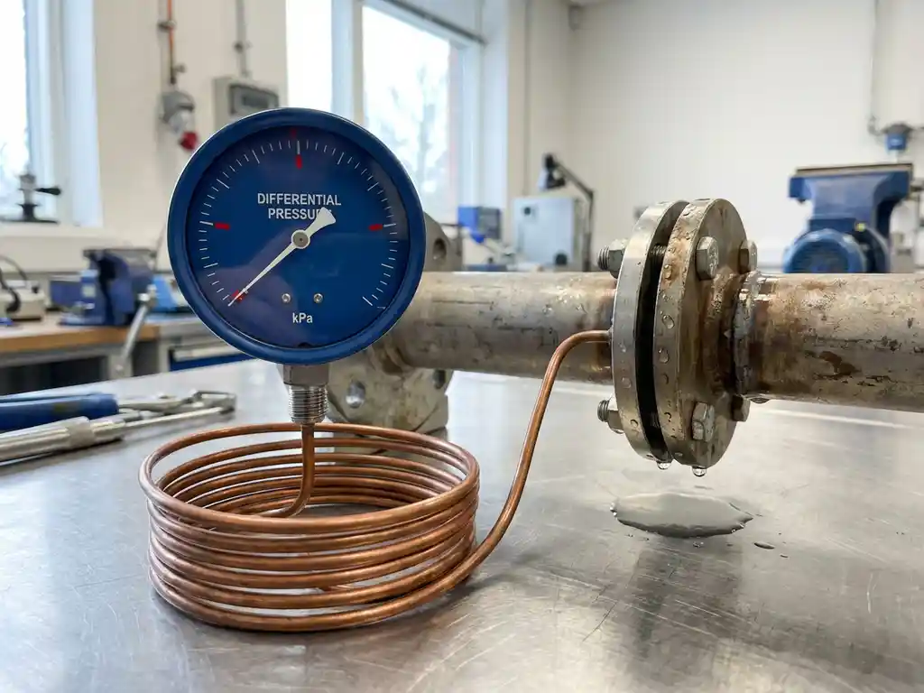 Präzisions-Differenzdruckmessgerät mit analoger Anzeige, verbunden über Kupferrohr mit undichter Industrierohrleitung auf Edelstahl-Werkbank