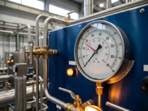 Präzisions-Differenzdruckmessgerät mit zwei Zeigern an industrieller Schalttafel, umgeben von Edelstahlrohren und Ventilen