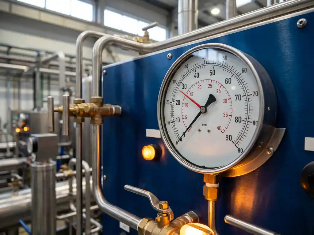 Präzisions-Differenzdruckmessgerät mit zwei Zeigern an industrieller Schalttafel, umgeben von Edelstahlrohren und Ventilen
