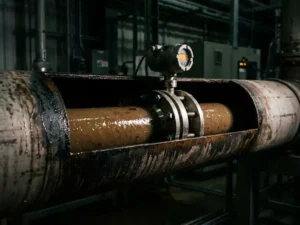 Differenzdruckmessgerät aus Edelstahl an einem Industrierohr mit trübem, sedimenthaltigem Fluid in dunkler Anlage.