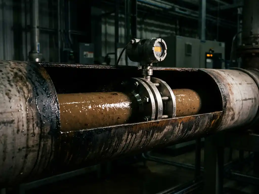 Differenzdruckmessgerät aus Edelstahl an einem Industrierohr mit trübem, sedimenthaltigem Fluid in dunkler Anlage.
