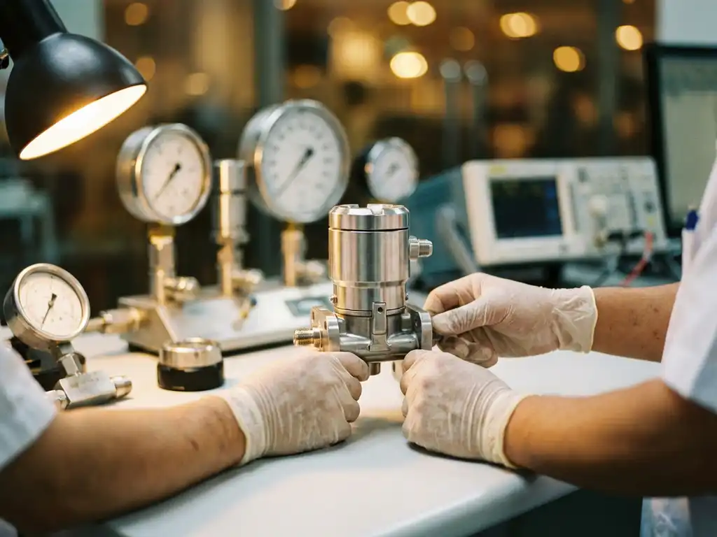 Präzisions-Differenzdruckmessgerät aus Edelstahl wird von behandschuhten Händen auf weißer Laborbank kalibriert