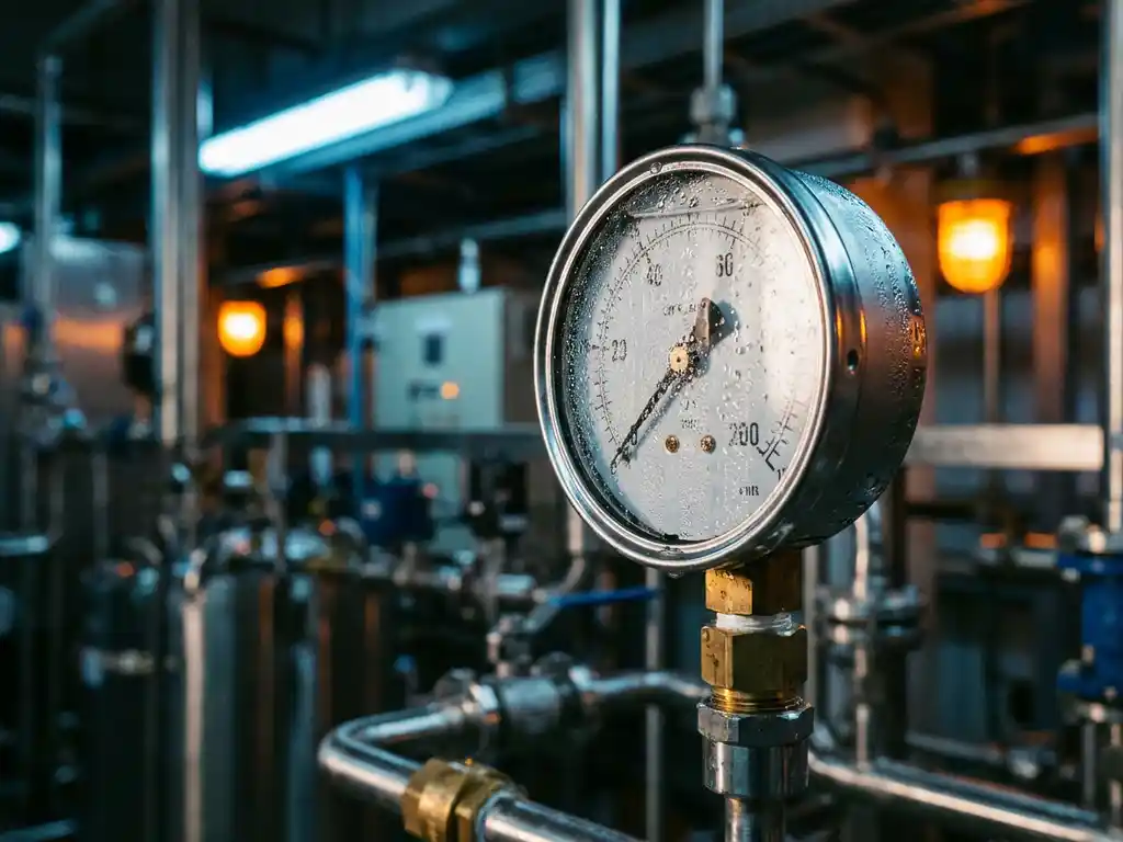 Präzisions-Differenzdruckmessgerät mit Wassertropfen auf Metalloberfläche in industrieller Laborumgebung mit Edelstahlrohren