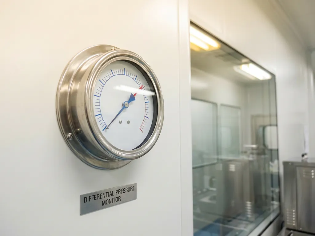 Präzisions-Differenzdruckmessgerät aus Edelstahl an weißer Laborwand montiert, analoges Zifferblatt in steriler Umgebung