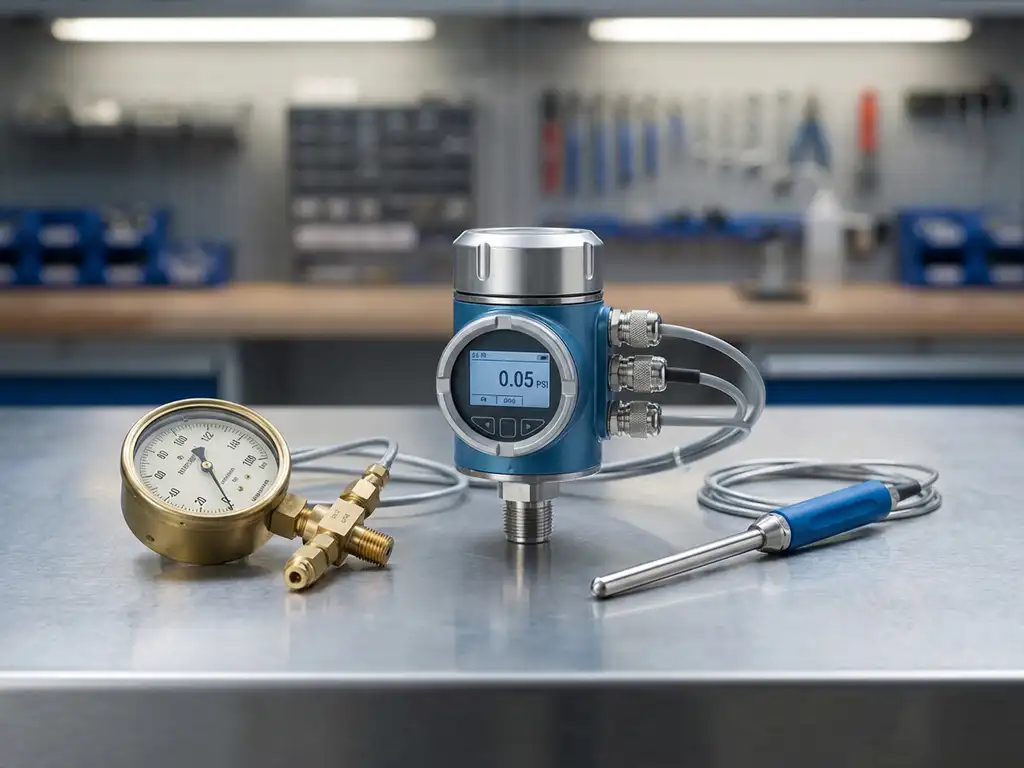 Präzisions-Differenzdruckmessgeräte auf Edelstahl-Labortisch: elektronischer Drucktransmitter, mechanisches Manometer mit Messinganschlüssen und kompakte Durchflussmesssonde