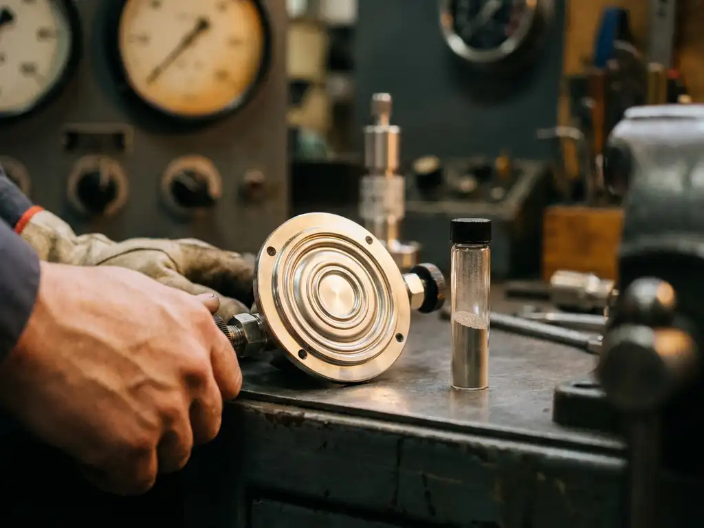 Präzisions-Differenzdrucksensor aus Edelstahl auf Werkbank mit Glasröhrchen voller Metallpartikel