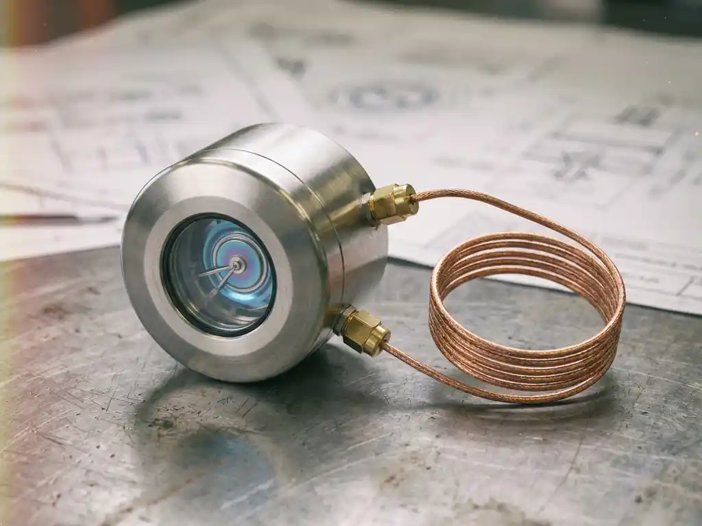 Präzisions-Differenzdrucksensor aus Edelstahl auf Werkbank mit sichtbarer Messmembran und Kupferrohrleitungen