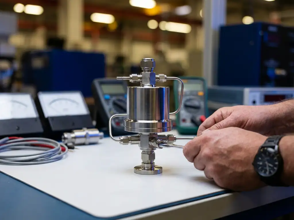 Präzisions-Differenzdrucksensor aus Edelstahl auf weißer Werkbank mit Kalibrierwerkzeugen und Ingenieurshänden