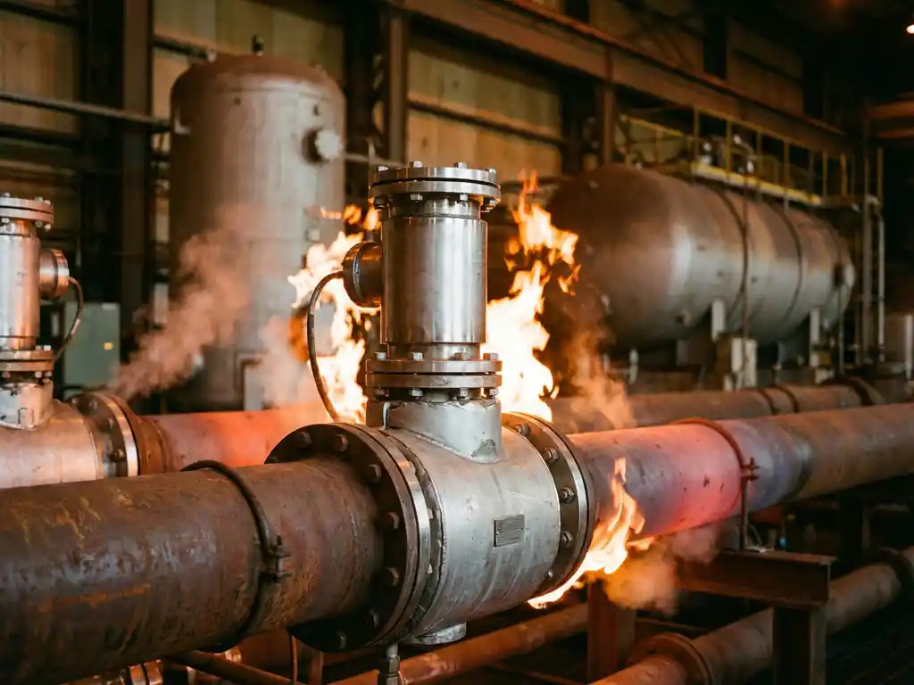 Differenzdrucksensor aus Edelstahl mit Industrieflanschen an Pipeline, umgeben von orangefarbenen Flammen und glühenden Metalloberflächen