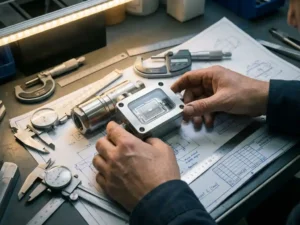 Kapazitiver Differenzdrucksensor aus Edelstahl auf Werkbank mit sichtbarer Membran, umgeben von Messwerkzeugen und Bauplänen