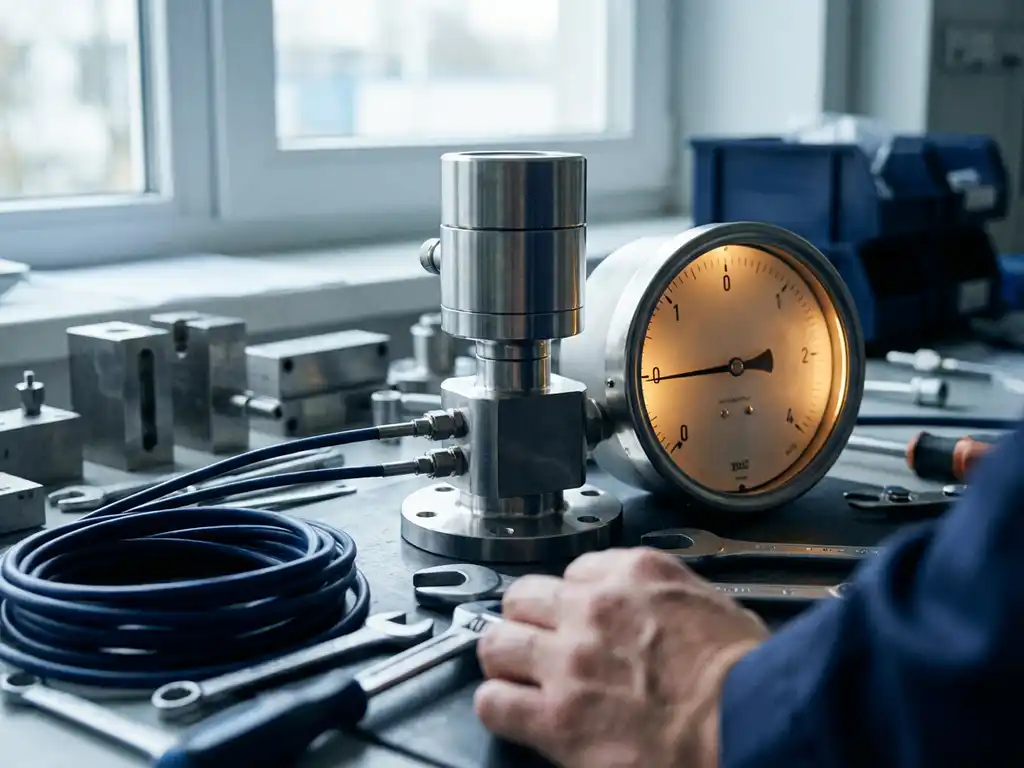 Präzisions-Differenzdrucksensor aus Edelstahl auf Labortisch mit Kalibrierungsgeräten und analogem Messgerät