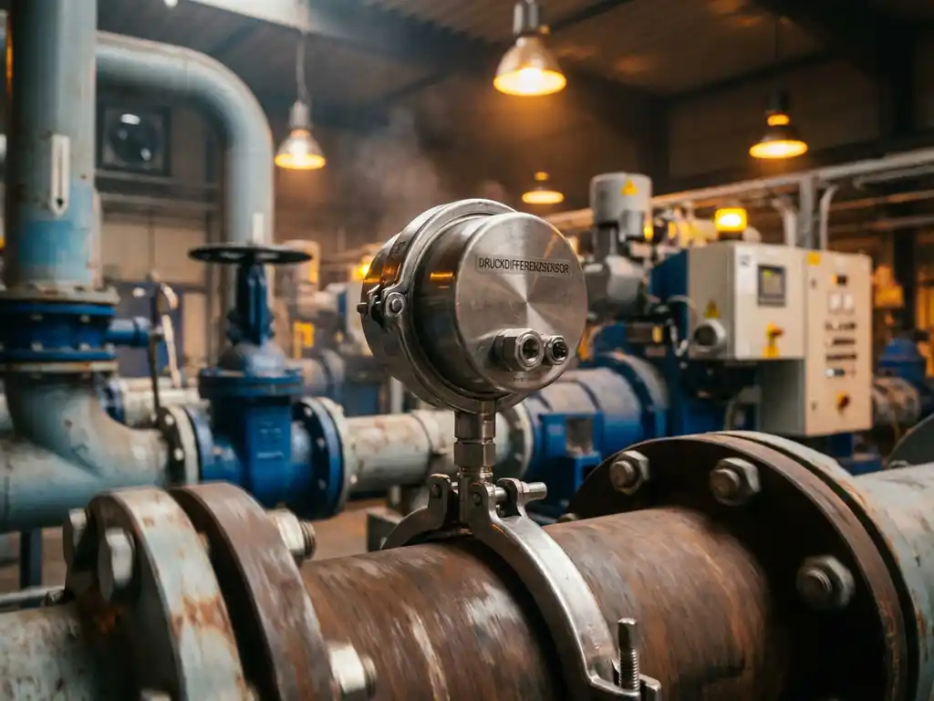 Präzisions-Differenzdrucksensor an vibrierender Industrierohrleitung in deutscher Fertigungsanlage mit Ventilsystemen