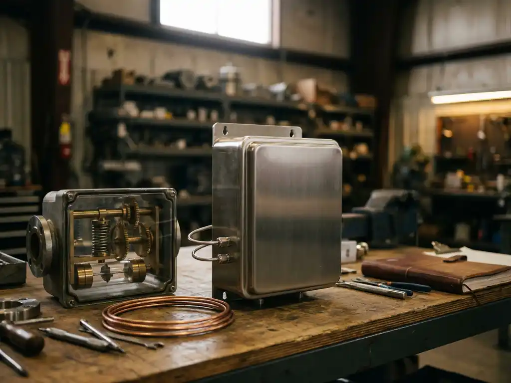 Differenzdrucktransmitter aus Edelstahl neben direktem Durchflussmesser auf Industriewerkbank, warme Beleuchtung