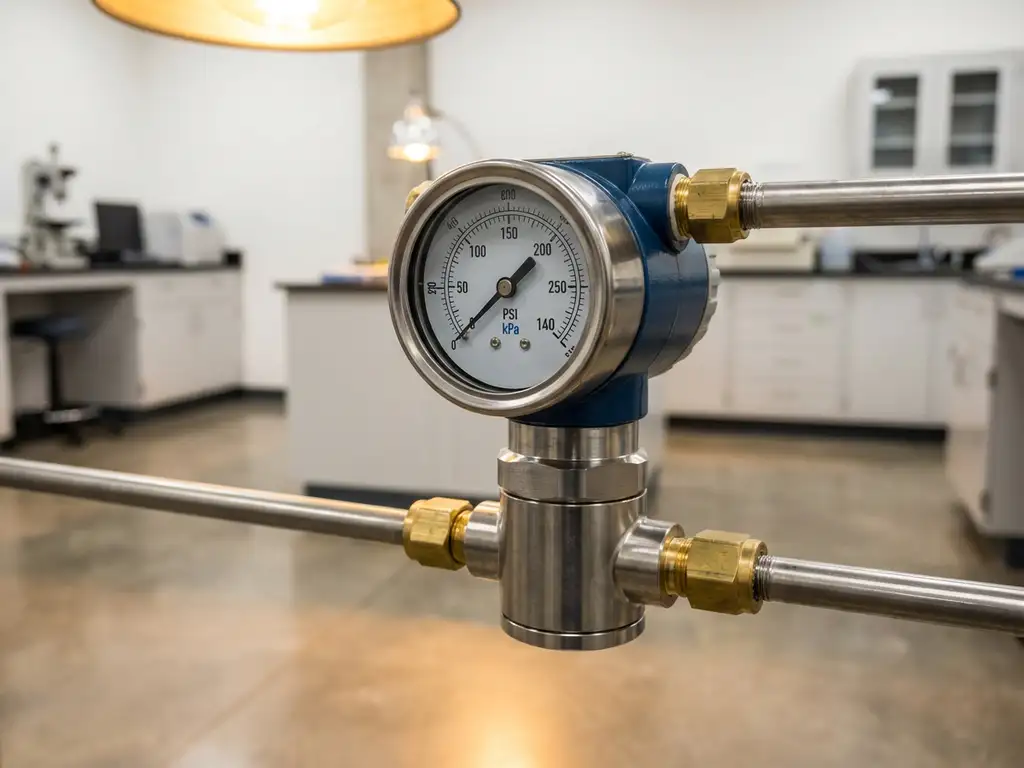 Präzisions-Differenzdrucktransmitter aus Edelstahl mit Messingverschraubungen an Industrierohr in modernem Labor