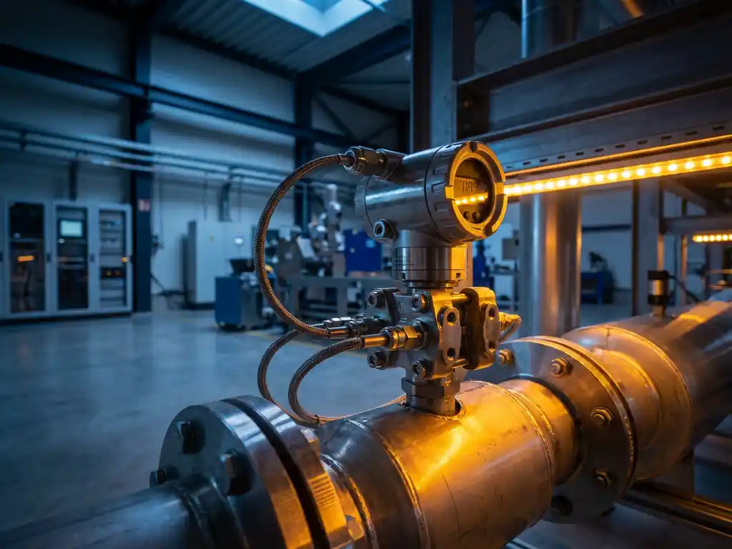 Präzisions-Differenzdrucktransmitter aus Edelstahl an Industrierohrleitung montiert in moderner technischer Anlage