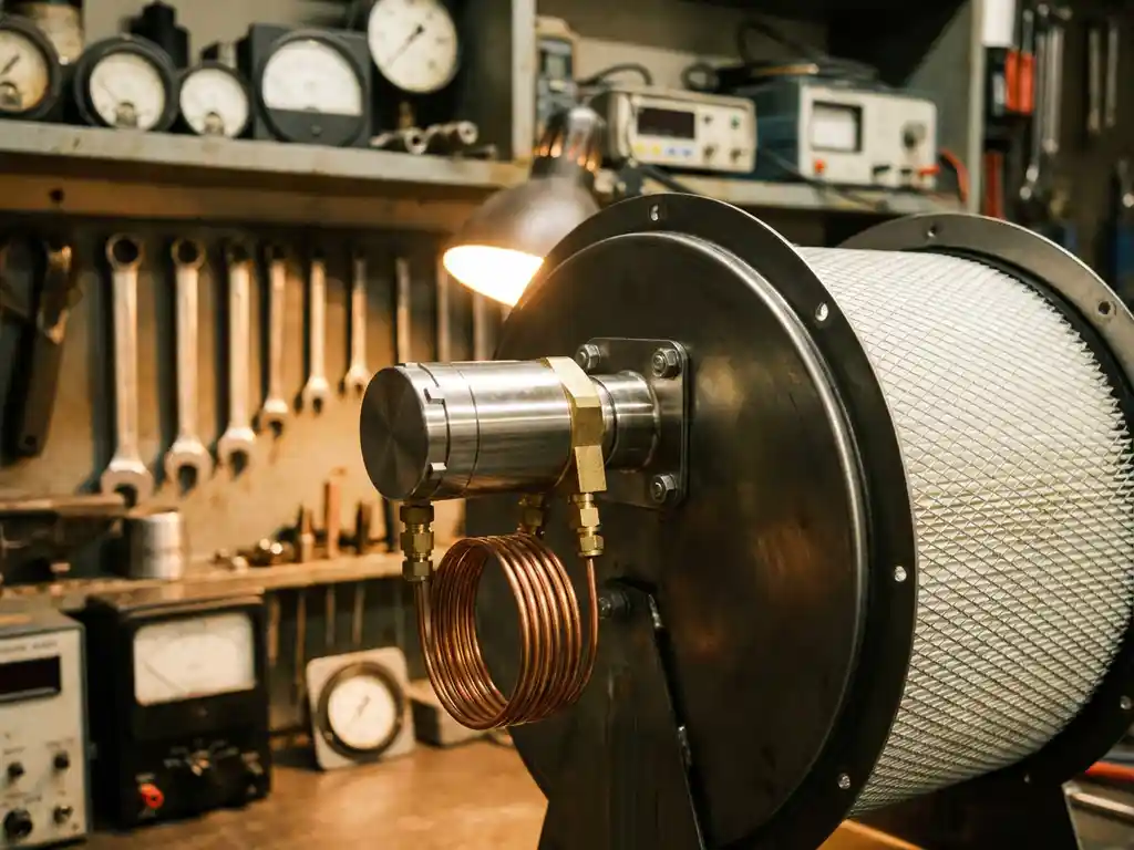 Präzisions-Differenzdrucktransmitter mit Edelstahlgehäuse an industriellem Luftfilter montiert, Messingarmaturen sichtbar