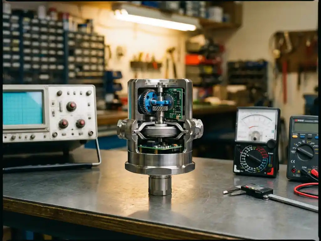 Präzisions-Differenzdrucktransmitter mit freiliegender Membran und Sensorelementen auf Werkbank neben Messinstrumenten