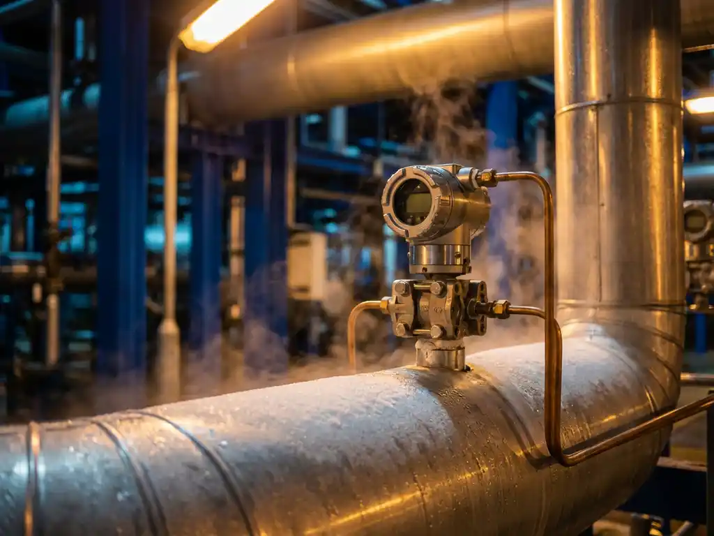 Edelstahl-Differenzdrucktransmitter an Industrierohrleitung mit Kupferrohren und Dampf in Ölraffinerie