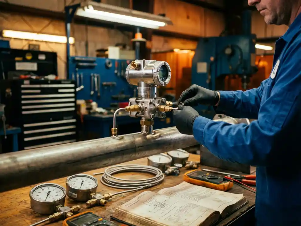 Techniker verbindet Druckschläuche mit Differenzdrucktransmitter an Industrierohr, umgeben von Messgeräten