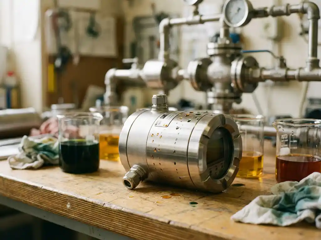 Präzisions-Differenzdrucktransmitter aus Edelstahl auf Labortisch mit bunten Chemikalien in Glasbechern