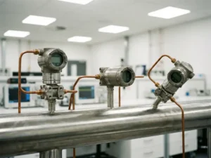 Differenzdrucktransmitter an Stahlrohr montiert mit Kupferleitungen in modernem Kalibrierlabor