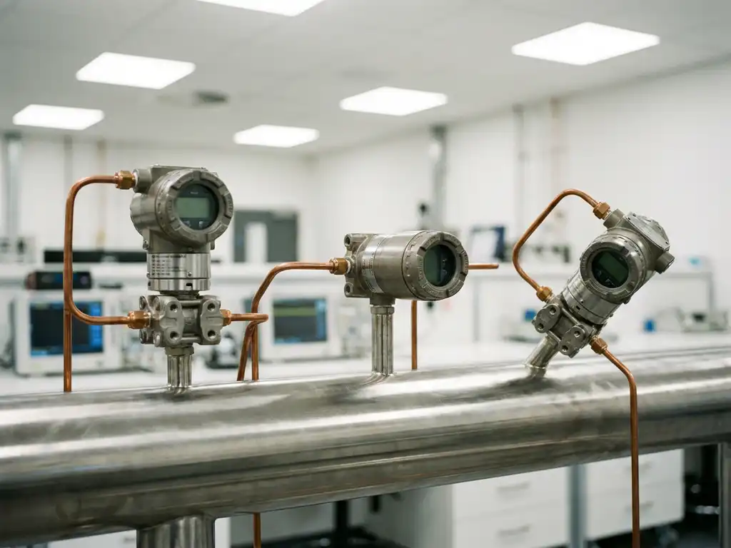 Differenzdrucktransmitter an Stahlrohr montiert mit Kupferleitungen in modernem Kalibrierlabor