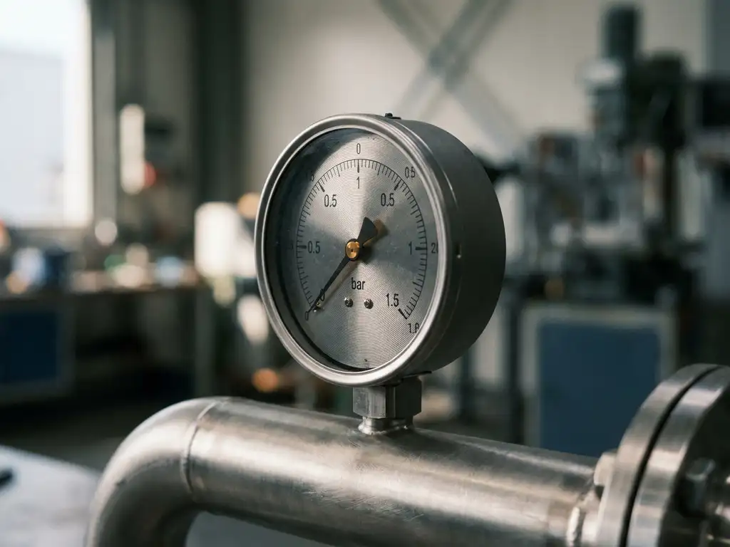 Präzisions-Differenzdruckmessgerät mit feiner Kalibrierskala, montiert an einem Edelstahl-Industrierohr, Makroaufnahme mit seitlichem Licht.