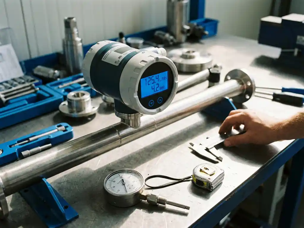 Digitaler Durchflussmesser mit LED-Anzeige an Edelstahlrohr mit Messschieber und Druckmessgeräten auf Metallwerkbank